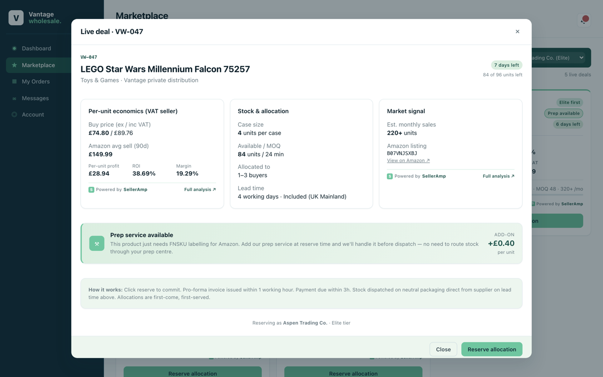 Vantage portal deal detail: per-unit profit, ROI, buy and sell price, stock and market signal