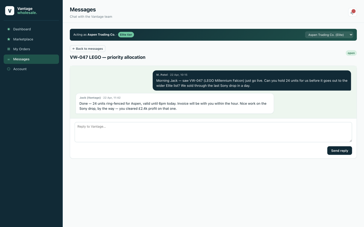 Vantage portal message thread with the sourcing team about a priority allocation