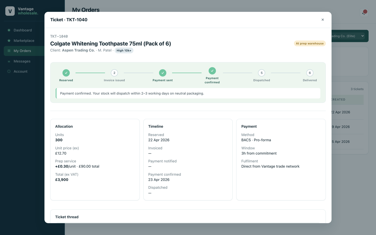 Vantage portal order tracker: a six-step progress bar from reserved to delivered